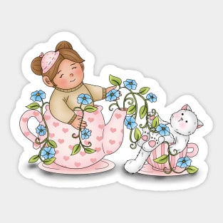 Girl And Cat Inside Tea Cup Sticker